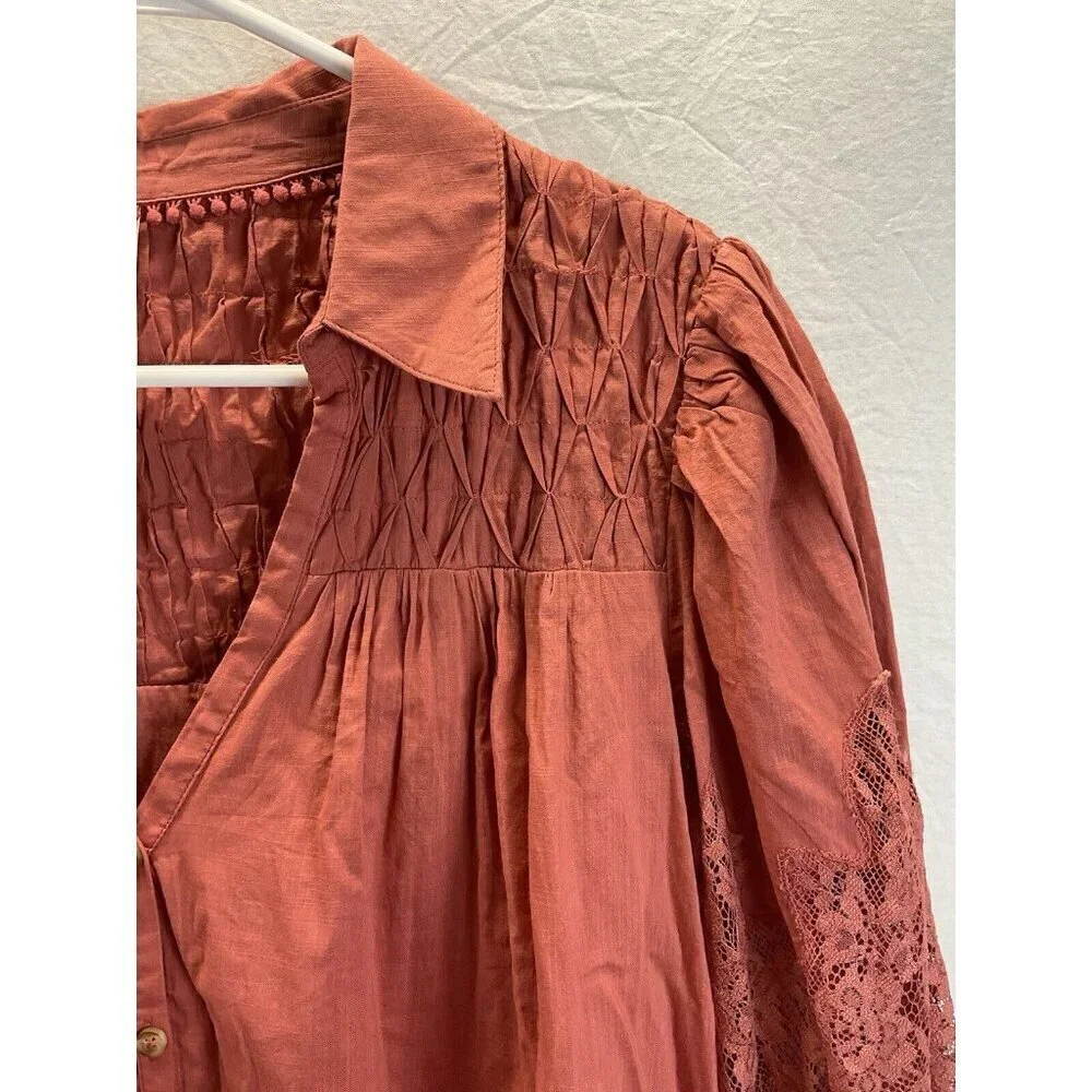 By Anthropologie SM Lace Tunic‎ Dress Clay/ mauve earthy short sleeve Romantic - Picture 8 of 15